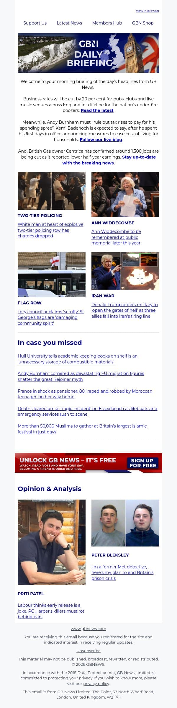 Business rates slashed by a fifth on pubs across England in major reprieve email from GB News screenshot