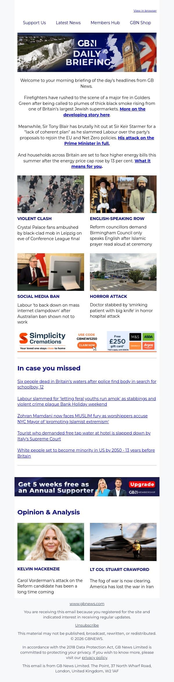 BREAKING: Major fire erupts at supermarket in Golders Green email from GB News screenshot