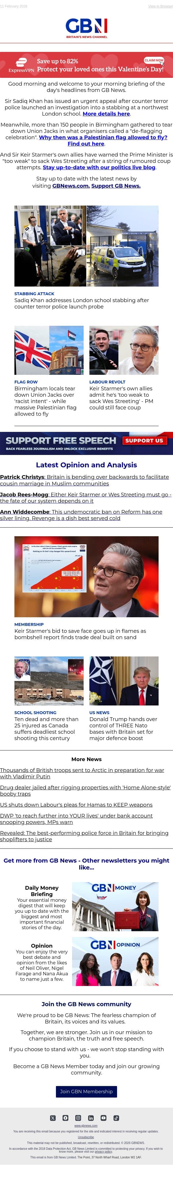 Counter terror police probe school stabbing | Union Jacks torn down | Starmer branded 'too weak' email from GB News screenshot