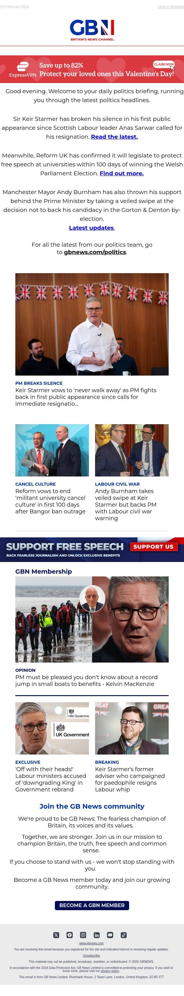 PM breaks silence in public appearance | Reform cancel culture fightback | Burnham swipes at Starmer email from GB News screenshot