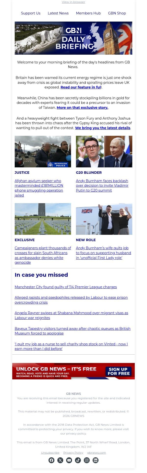Britain ‘one shock away’ from energy crisis email from GB News screenshot