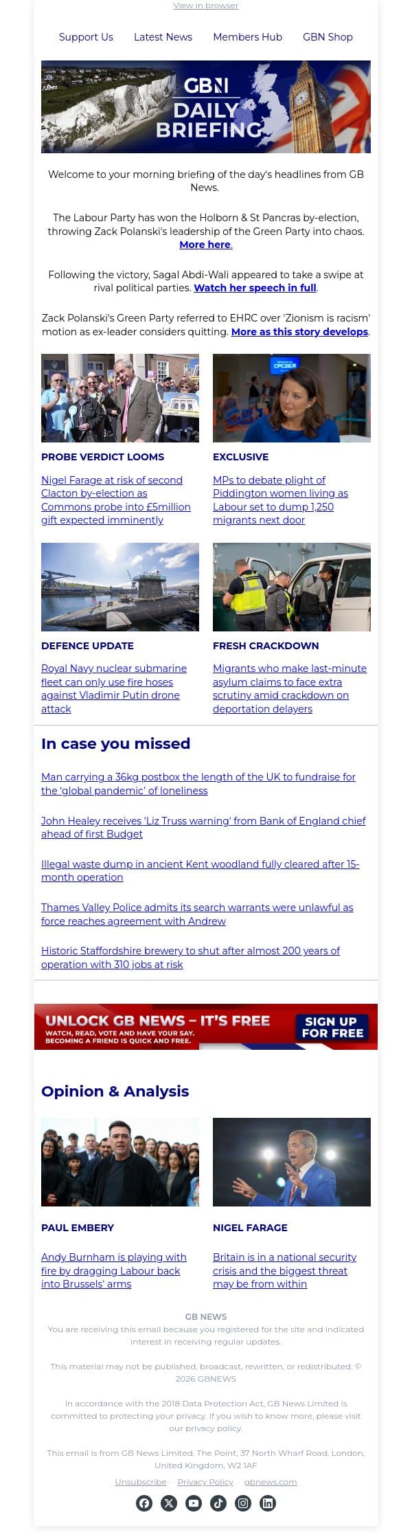 Labour storms to victory in by-election showdown as Zack Polanski humiliated email from GB News screenshot