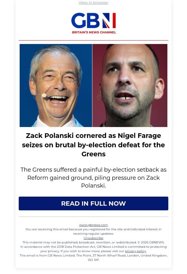 Zack Polanski cornered as Nigel Farage seizes on brutal by-election defeat for the Greens email from GB News screenshot