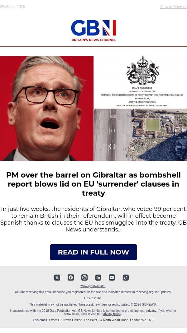 PM over the barrel on Gibraltar as bombshell report blows lid on EU 'surrender' clauses email from GB News screenshot
