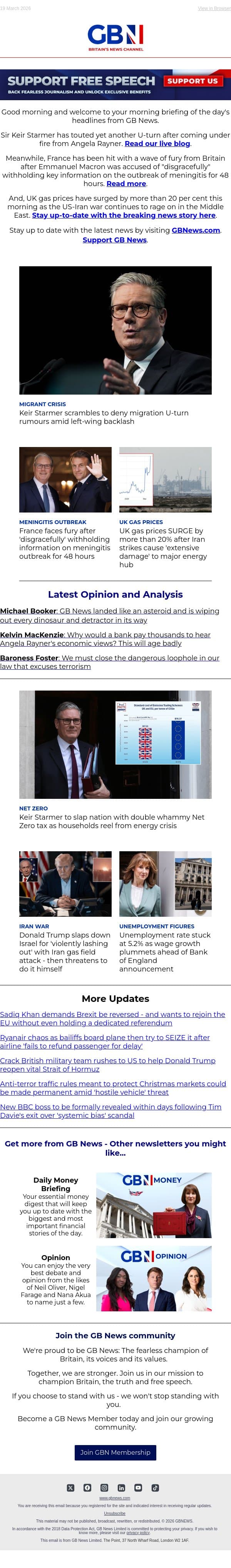 PM denies migration U-turn | France withholds meningitis information | UK gas prices surge email from GB News screenshot