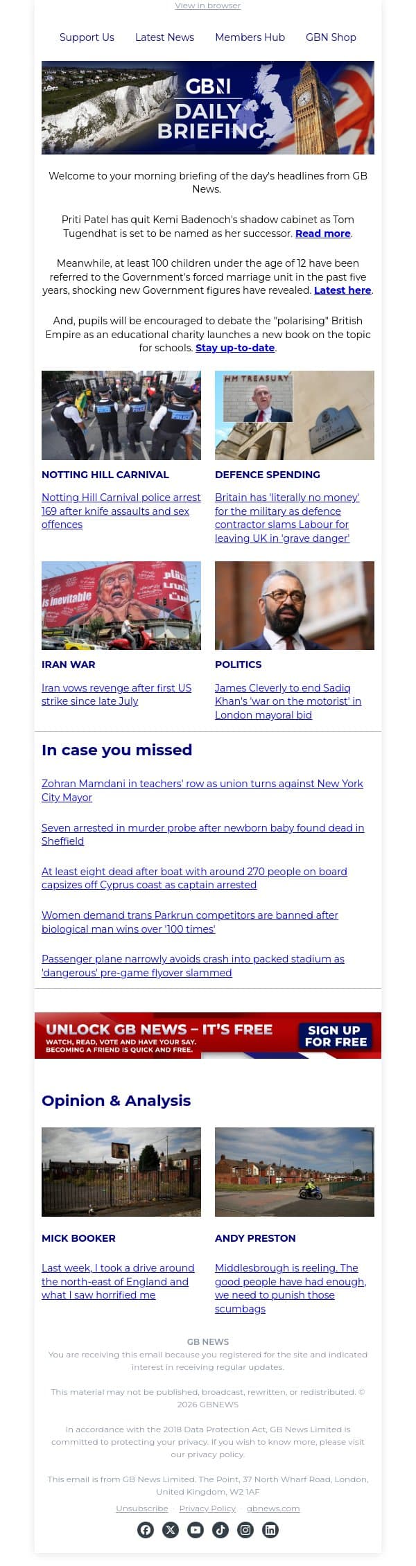 Patel quits Badenoch's top team as Tugendhat to be named shadow foreign secretary email from GB News screenshot