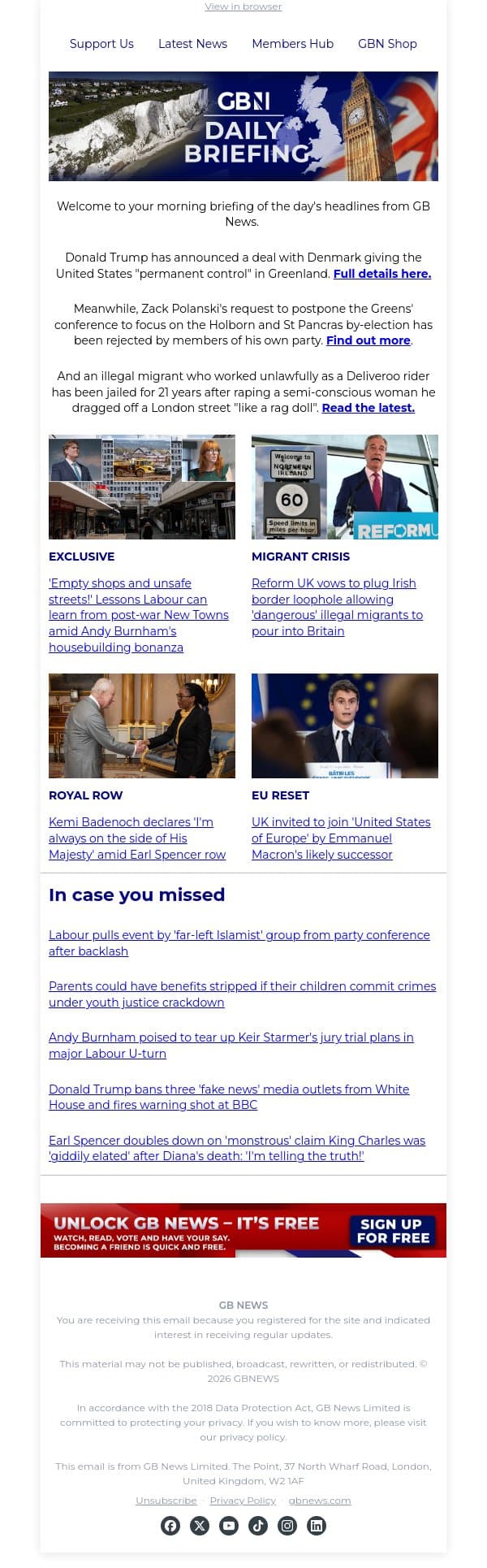 Trump announces deal to hand US 'permanent control' in Greenland email from GB News screenshot
