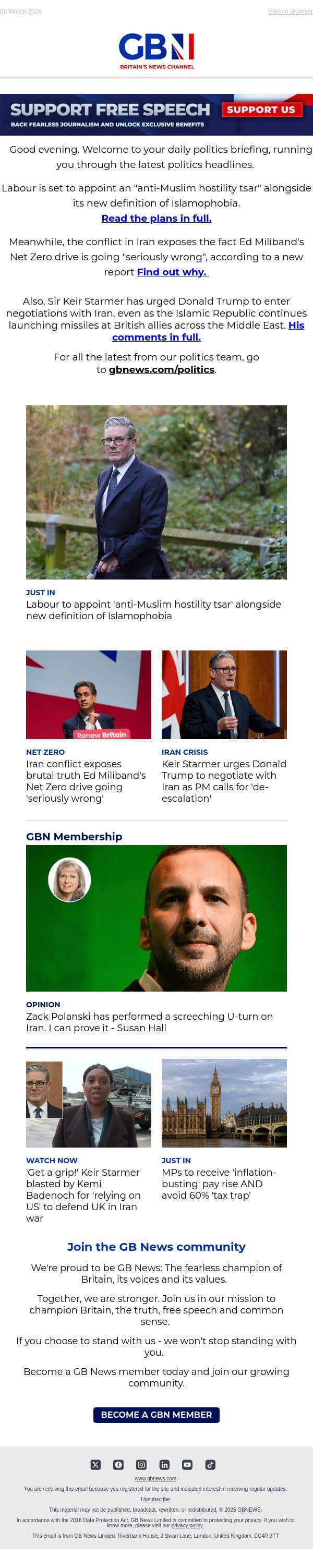 Labour eyes 'anti-Muslim hostility' tsar | Iran crisis exposes net zero | Starmer hits back at Trump email from GB News screenshot