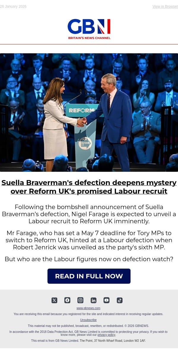 Suella Braverman's defection deepens mystery over Reform UK's promised Labour recruit email from GB News screenshot