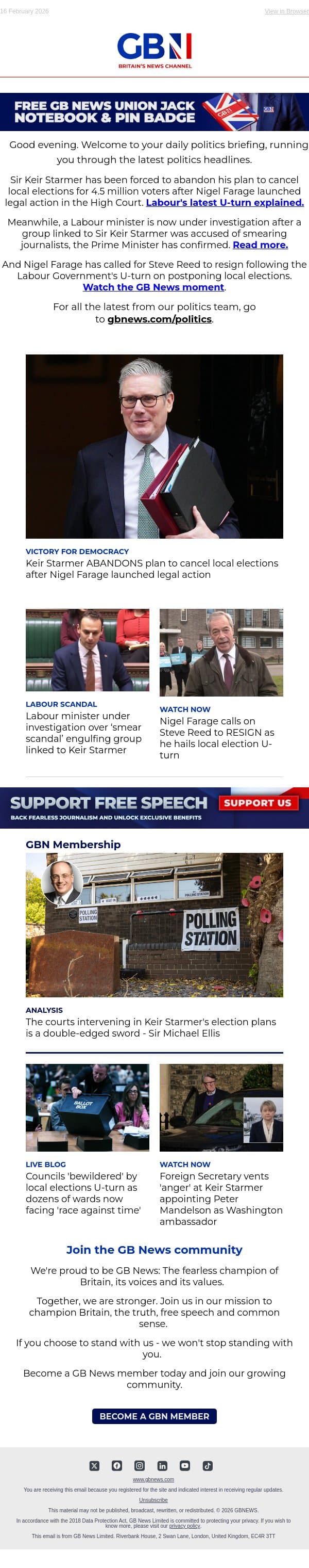 Local elections WILL go ahead | Labour minister in smear scandal | Farage demands Reed resignation email from GB News screenshot