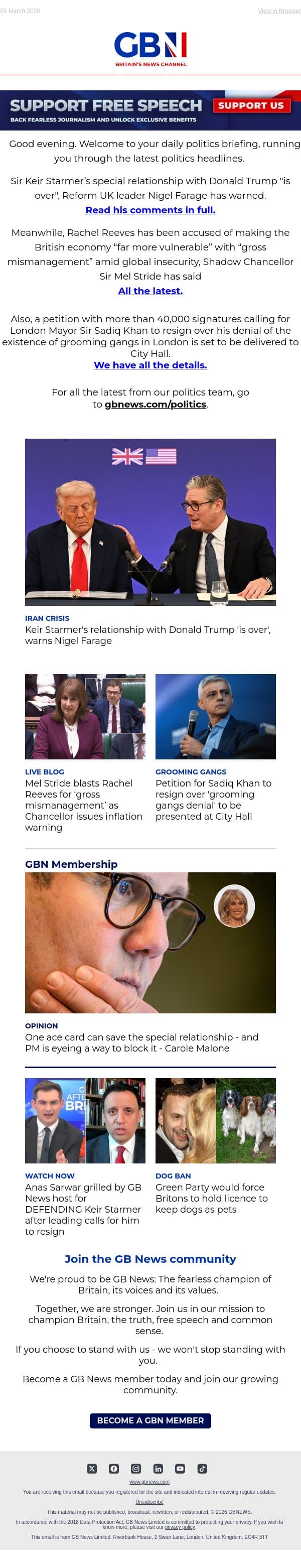 Starmer-Trump relationship ‘over’ | Reeves issues Iran warning | Sadiq Khan resignation petition email from GB News screenshot