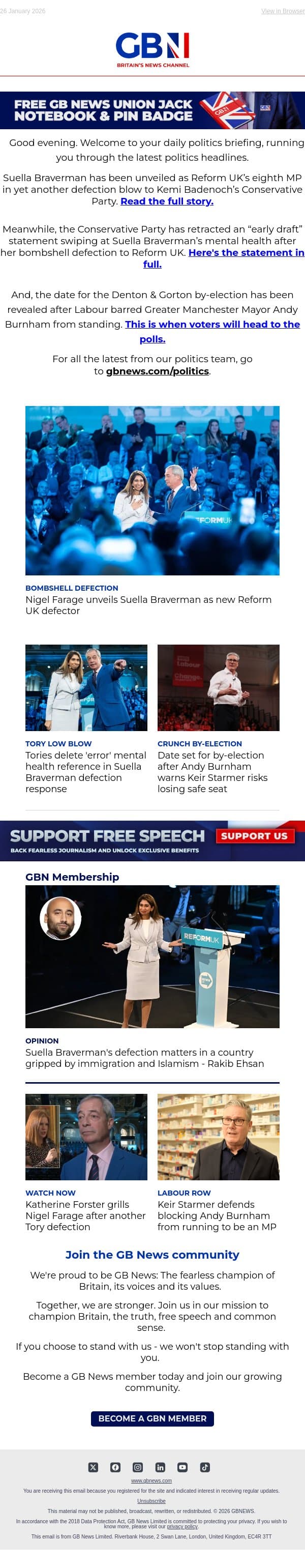 Braverman defects to Reform | Tories retract mental health jibe | Date set for by-election email from GB News screenshot