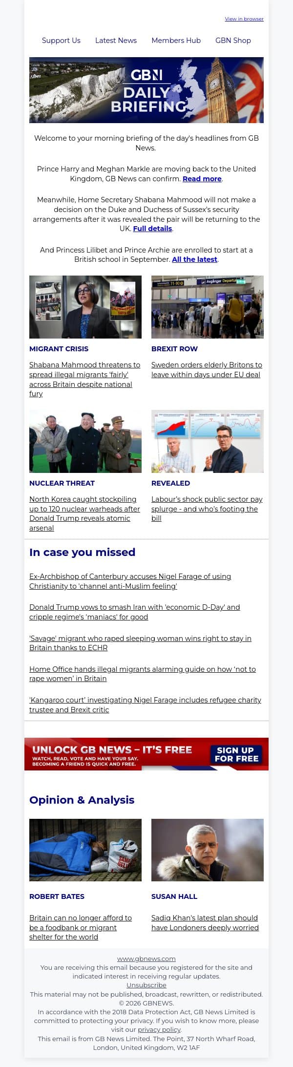 Meghan and Harry to return to UK six years after Megxit email from GB News screenshot