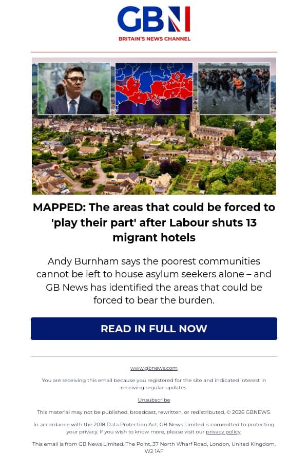 MAPPED: The areas that could be forced to 'play their part' after Labour shuts 13 migrant hotels email from GB News screenshot