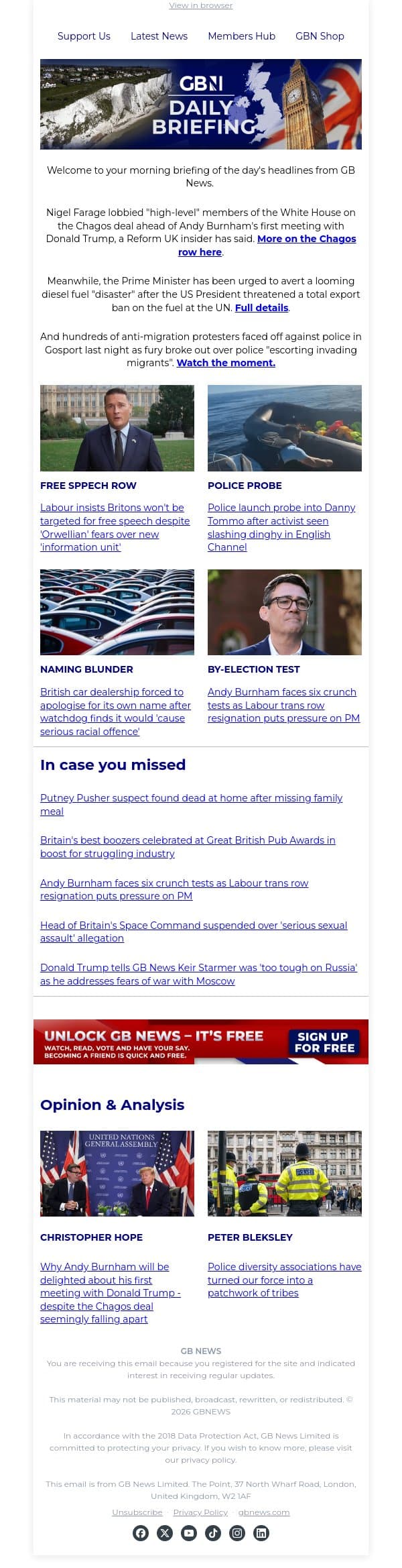 Farage lobbied Trump to reject Chagos deal email from GB News screenshot