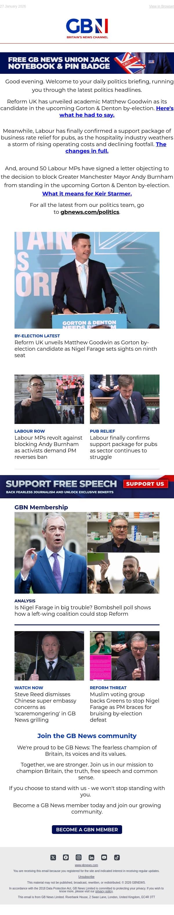 Reform unveils by-election candidate | Pubs to finally get support | Labour MPs revolt over Burnham email from GB News screenshot
