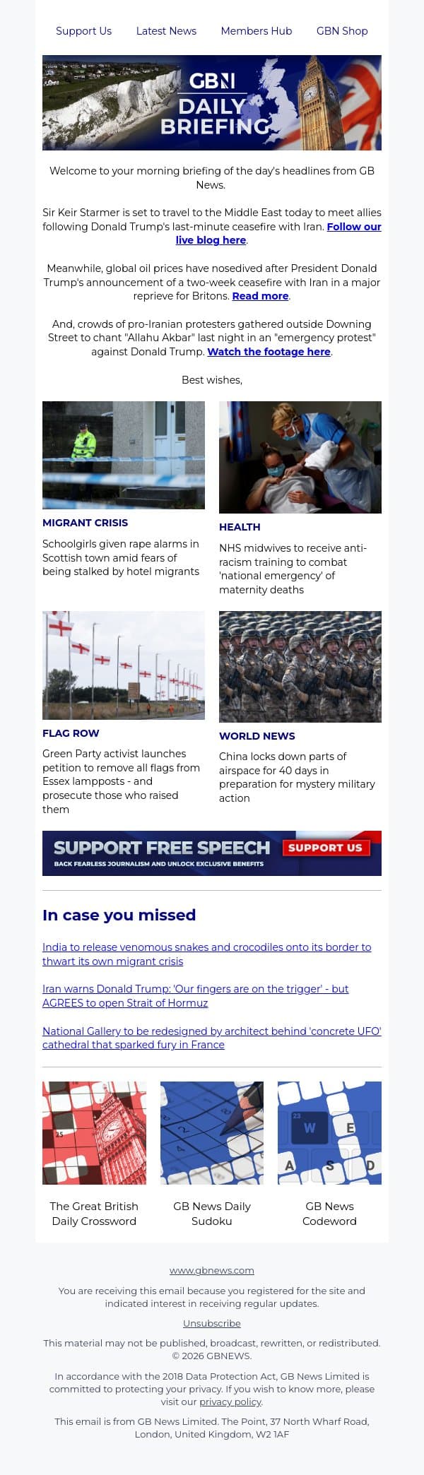 Keir Starmer to travel to Middle East today amid last-minute Iran ceasefire email from GB News screenshot