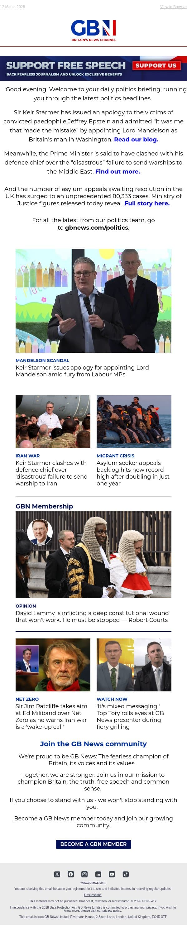 Starmer 'sorry' for hiring Mandelson | PM clashes with defence chief | Asylum appeals backlog soars email from GB News screenshot