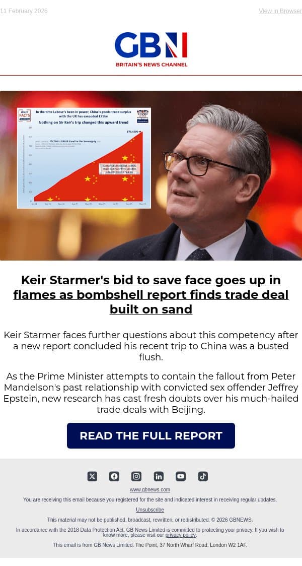 Keir Starmer's bid to save face goes up in flames as bombshell report finds trade deal built on sand email from GB News screenshot