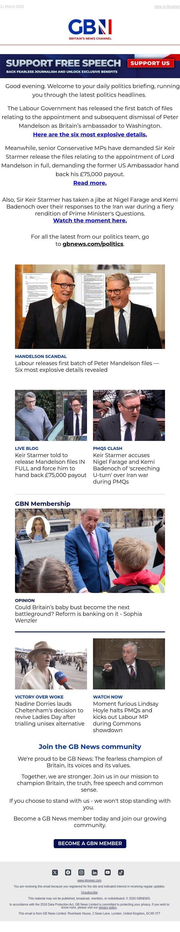 Six shock revelations from Mandelson files | Fury at ex-envoy's payout | Starmer blasts Farage again email from GB News screenshot