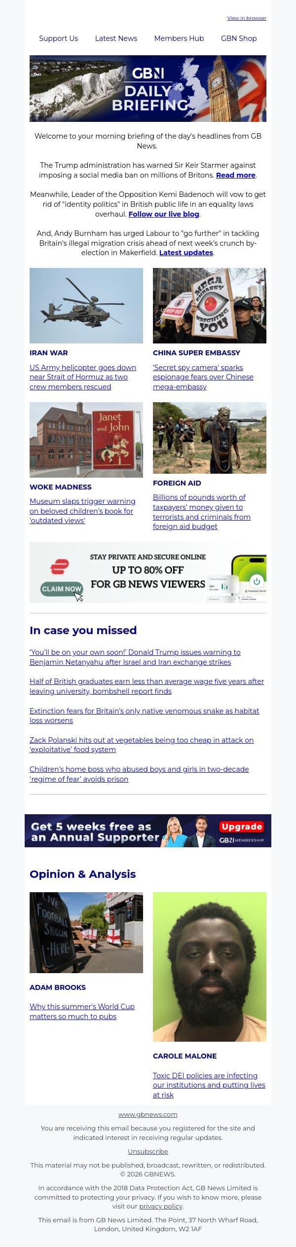 Trump administration warns UK against social media ban email from GB News screenshot