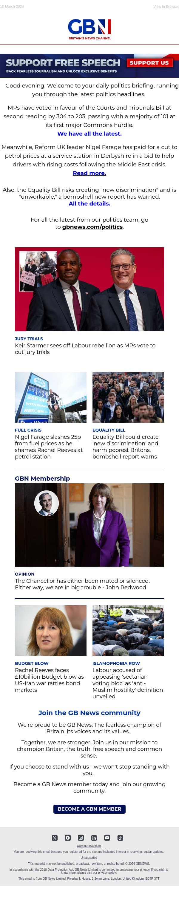 Starmer sees off major rebellion | Farage in petrol station stunt | Equality Bill backlash email from GB News screenshot