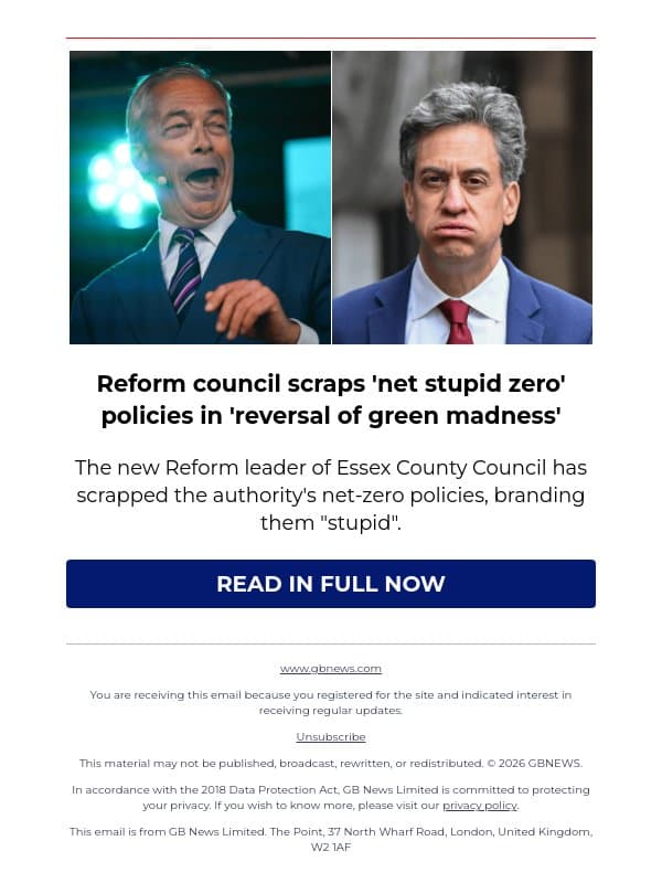 Reform council scraps 'net stupid zero' policies in 'reversal of green madness' email from GB News screenshot