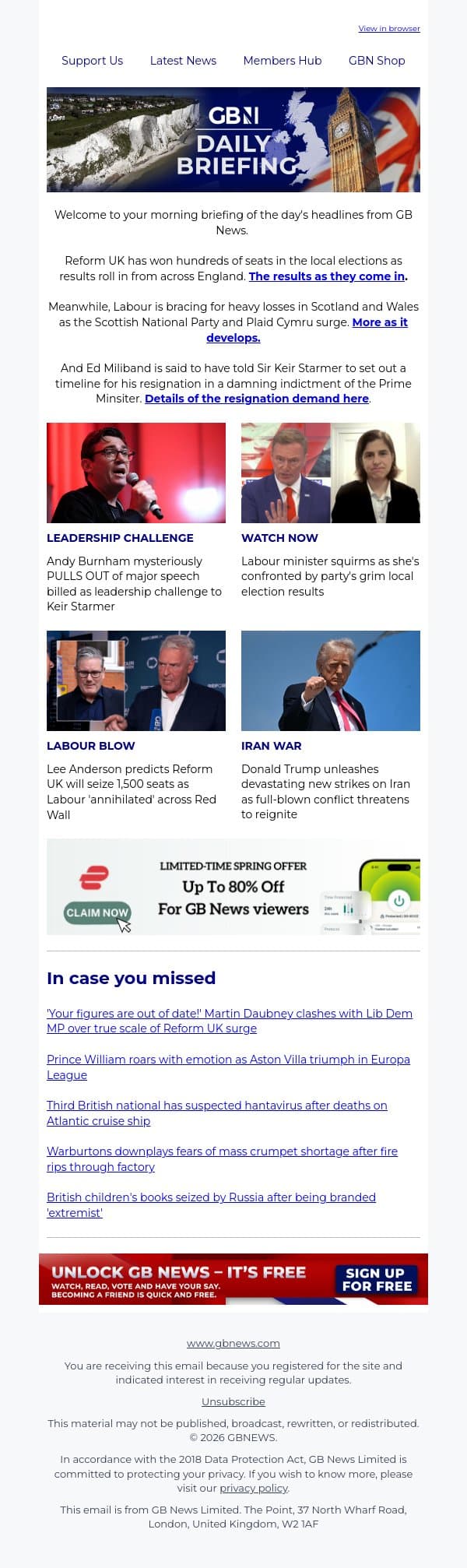 Farage boasts Reform 'only true national party' as he claims Labour and Tories 'wiped out' email from GB News screenshot