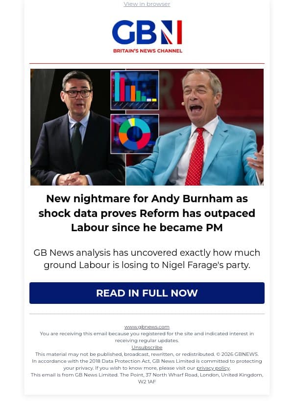 New nightmare for Andy Burnham as shock data proves Reform has outpaced Labour since he became PM email from GB News screenshot