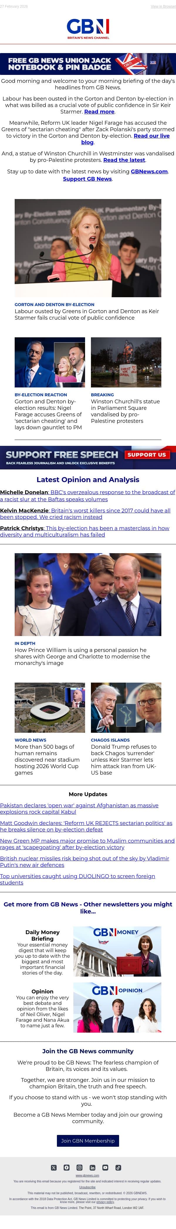 Greens win Gorton by-election | Farage accuses Greens of 'cheating' | Churchill's statue vandalised email from GB News screenshot