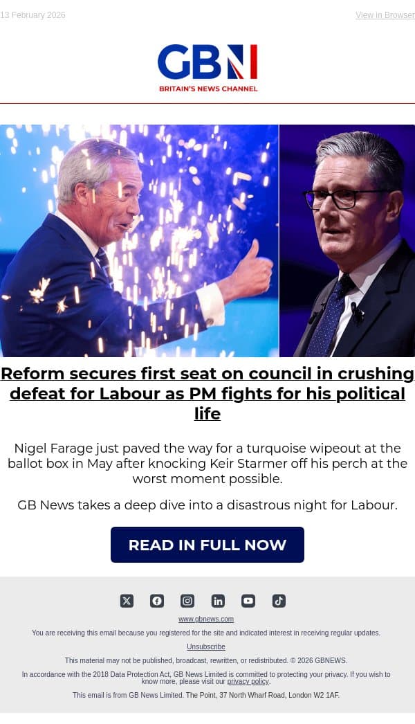 Reform secures first seat on council in crushing blow for Labour as PM fights for his political life email from GB News screenshot