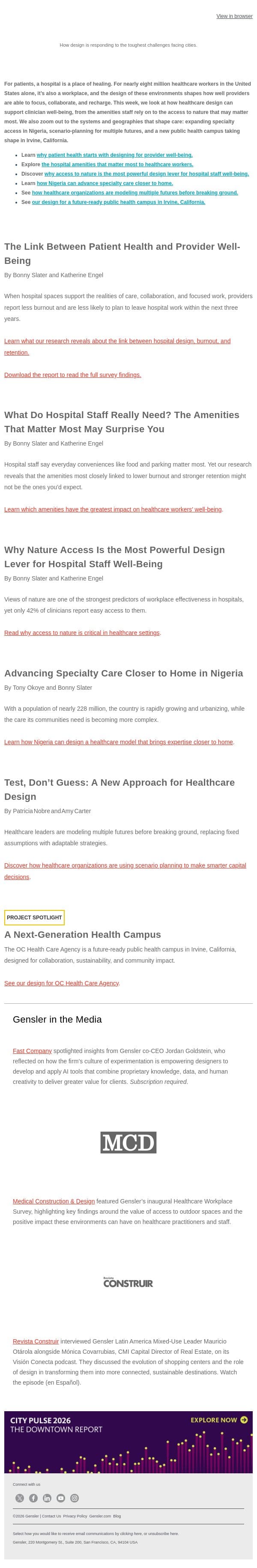 Healthcare Design for Healthcare Workers email from Gensler screenshot