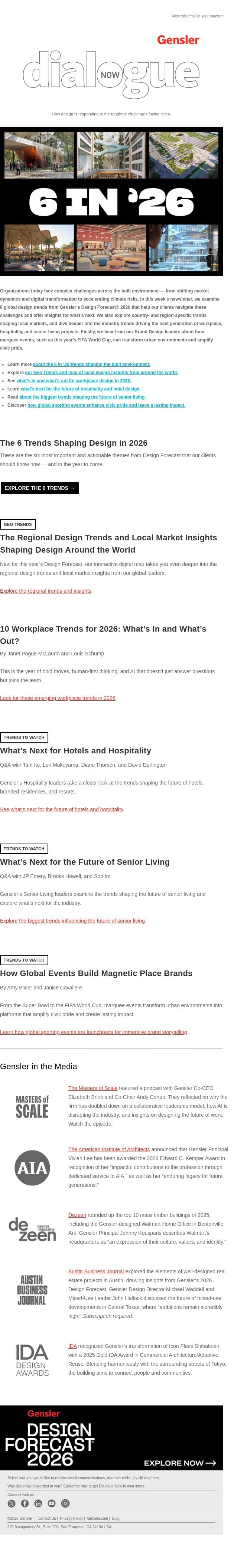 The Global Trends Shaping Design in 2026 email from Gensler screenshot
