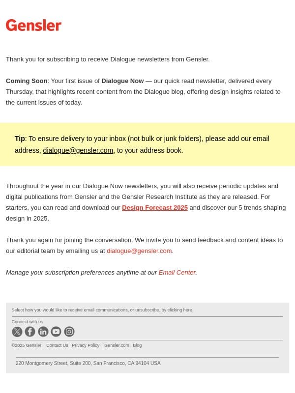 Thank you for signing up! Get our latest inside. email from Gensler screenshot