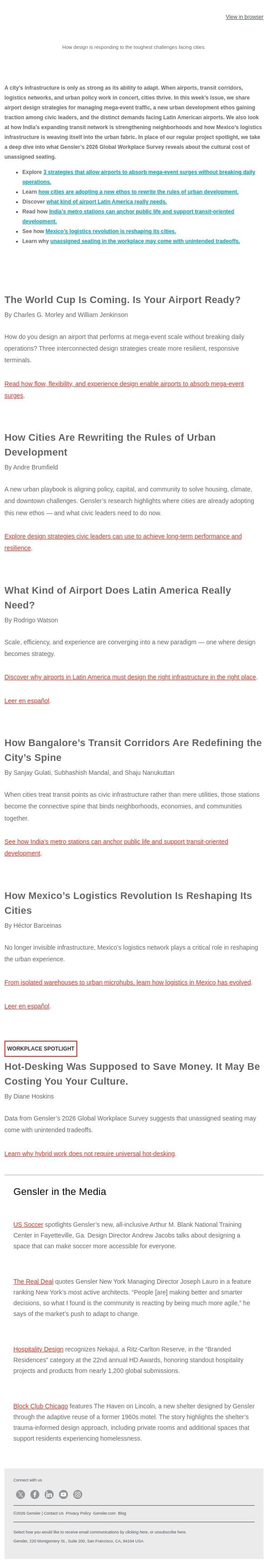 When Infrastructure Works, Cities Thrive email from Gensler screenshot