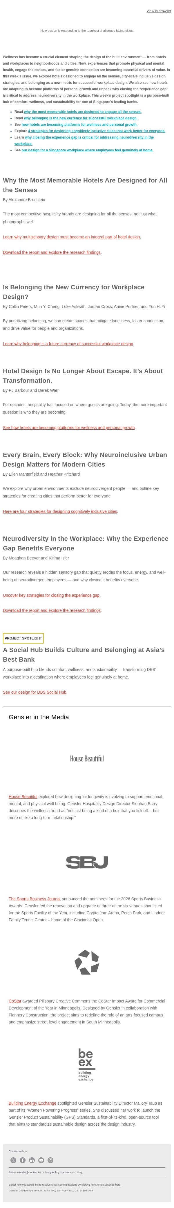 Belonging and Sensory Design Anchor the Future of Wellness email from Gensler screenshot