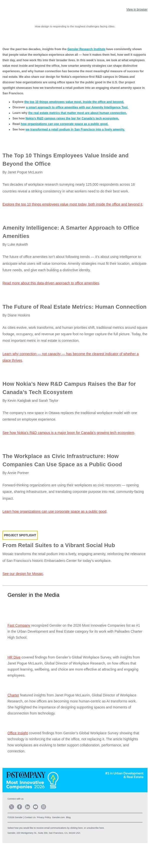 10 Things Employees Value About the Workplace email from Gensler screenshot