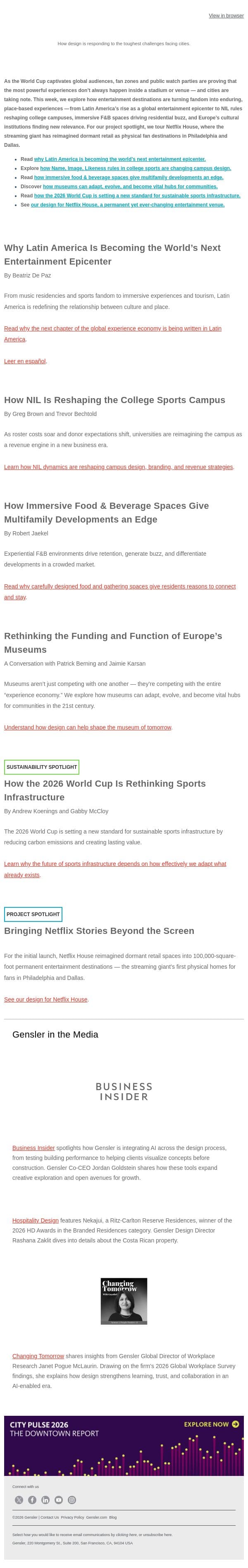 Designing for the Fan Experience email from Gensler screenshot