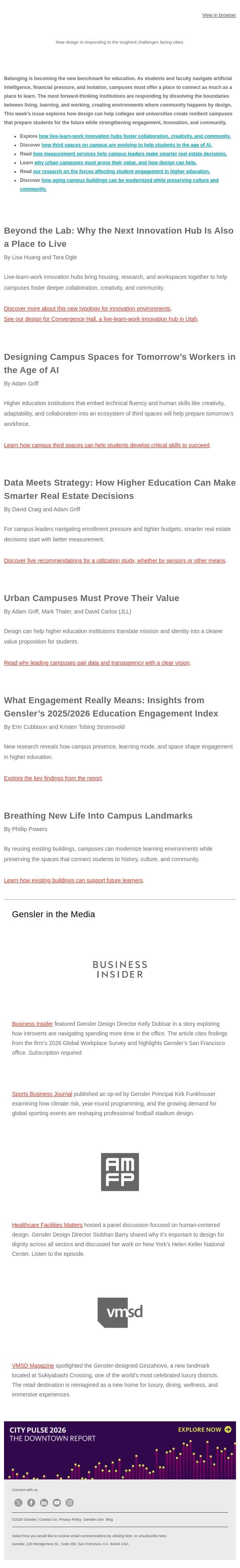 Designing the Campus for Learning, Living, and Belonging email from Gensler screenshot