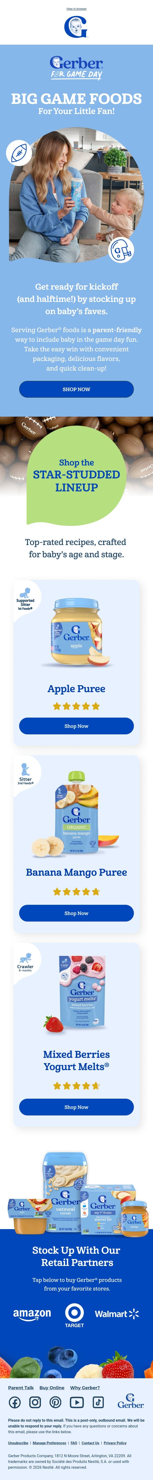 Parent-friendly foods for your little MVP 💙 🏈 email from Gerber screenshot