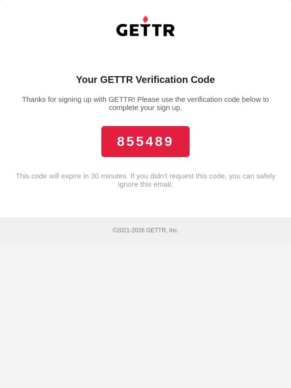 Your GETTR Verification Code email from Gettr screenshot