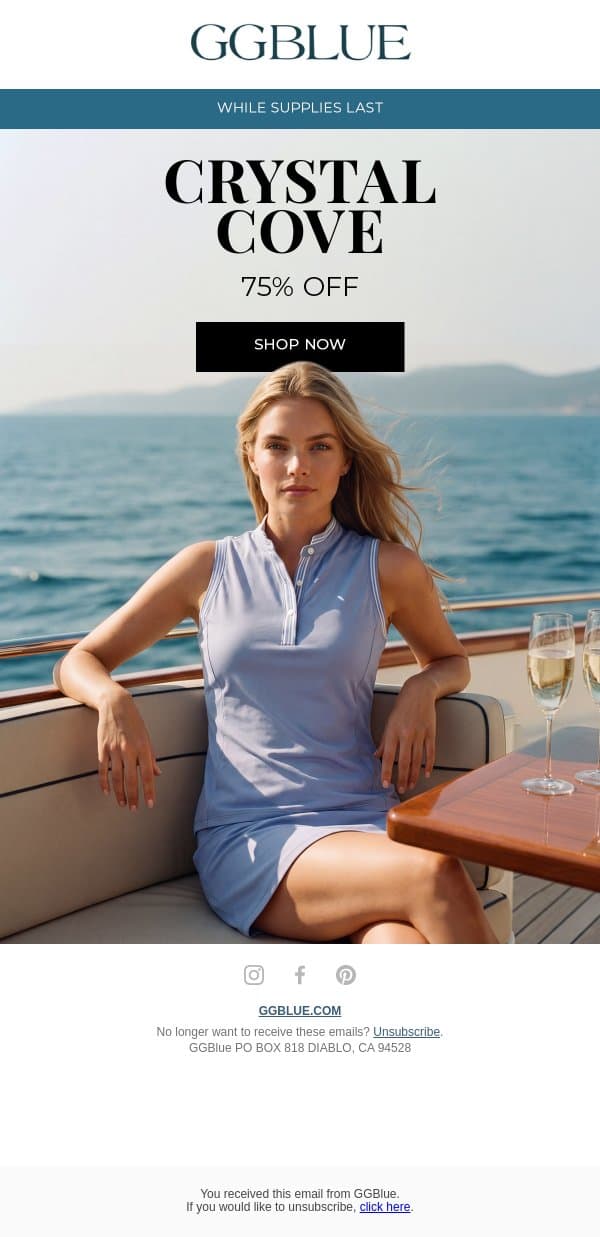 75% Off Crystal Cove Collection email from GGblue screenshot