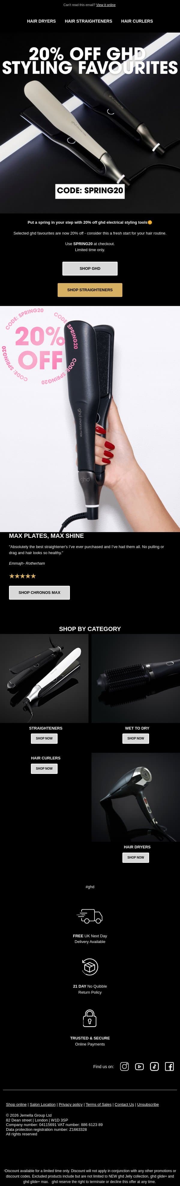 Put a Spring in your Step | 20% Off ghd 🌷 email from GHD screenshot