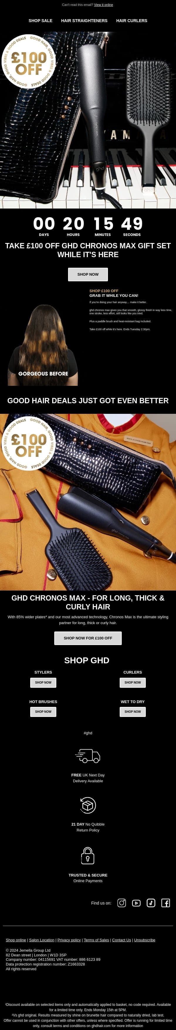 Clock is ticking on £100 off Faster Styling 🕑 email from GHD screenshot