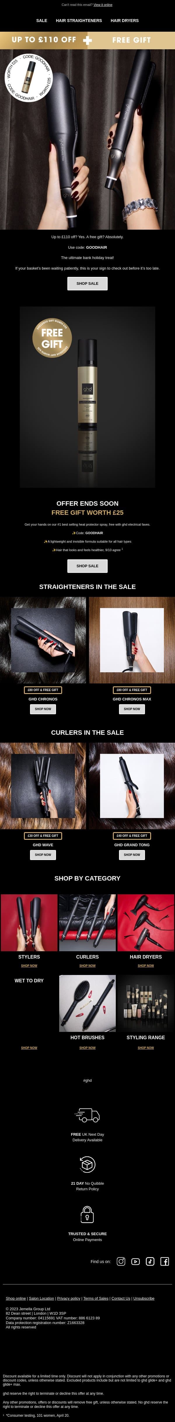 Bank holiday treat inside 🖤 email from GHD screenshot