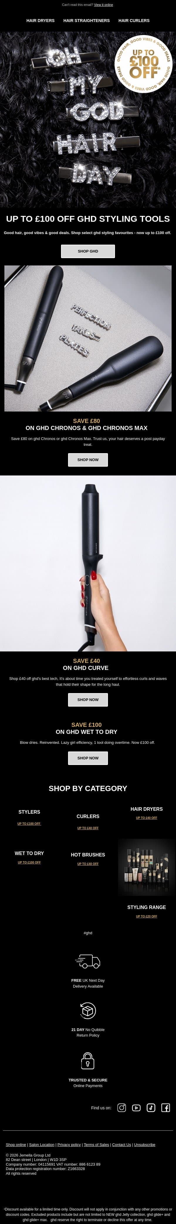 Up to £100 off. You in? email from GHD screenshot