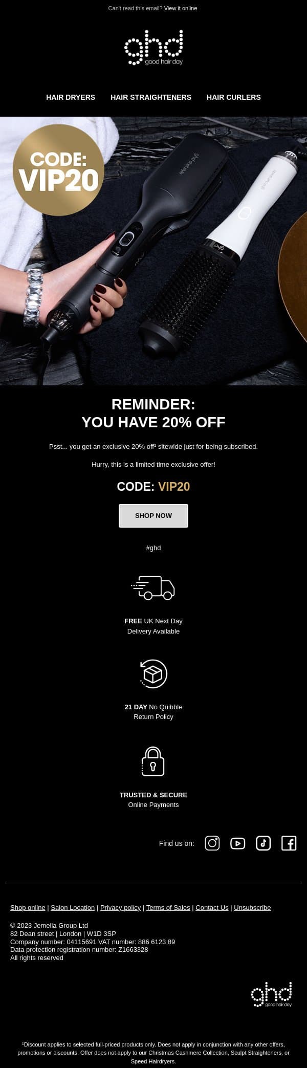 Reminder: Your Exclusive 20% Off Is Inside email from GHD screenshot