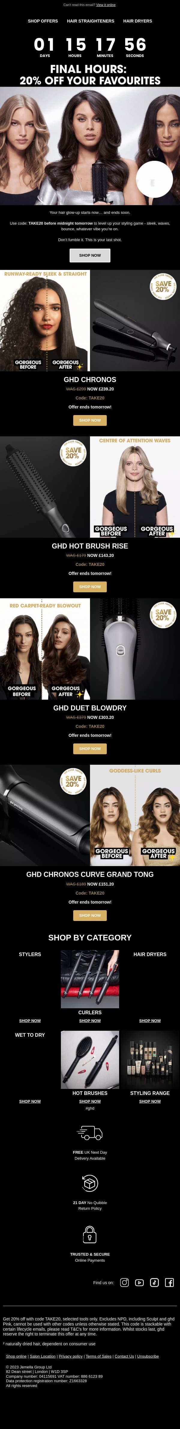 FINAL HOURS 🖤 20% off your favourite tools email from GHD screenshot