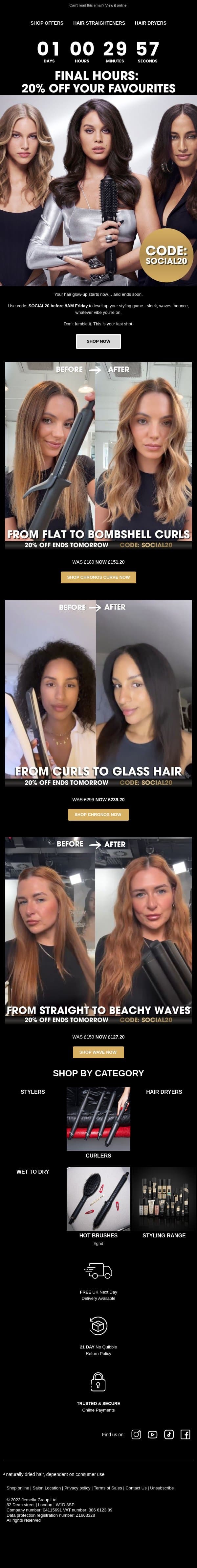 FINAL HOURS 20% off ghd tools email from GHD screenshot