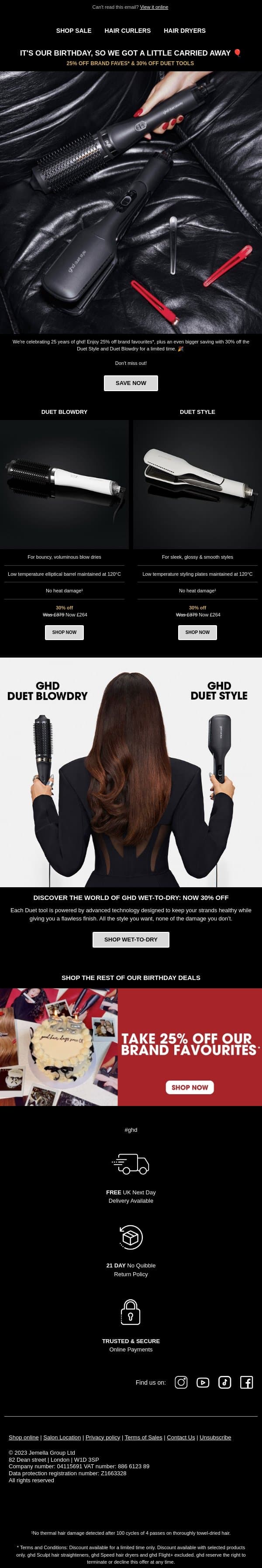 Plot twist: the birthday discount just got bigger 🤫 email from GHD screenshot
